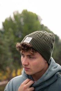 Woodland Cable Knit Beanie in Olive