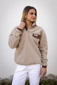 Retro Sherpa Popper Pullover in Taupe
