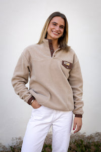Retro Sherpa Popper Pullover in Taupe