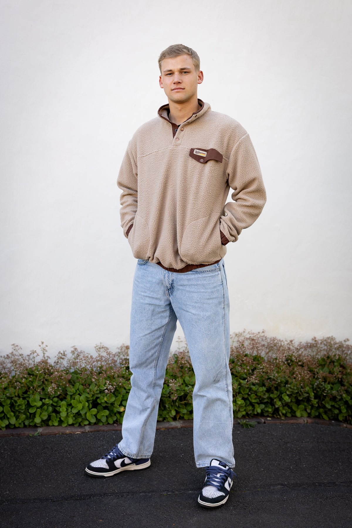 Retro Sherpa Popper Pullover in Taupe