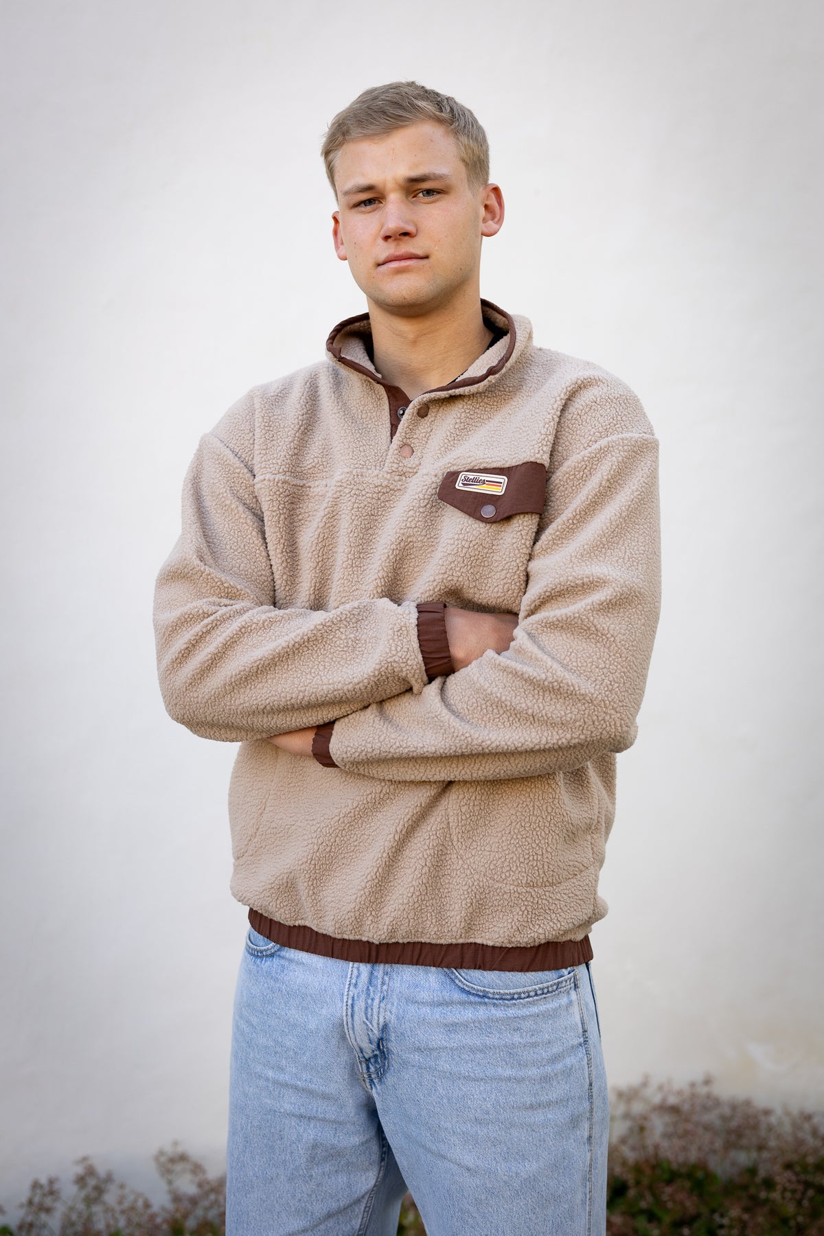 Retro Sherpa Popper Pullover in Taupe
