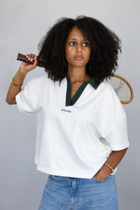 Ladies Polo Boxy Tee in Ivory & Viridian Green