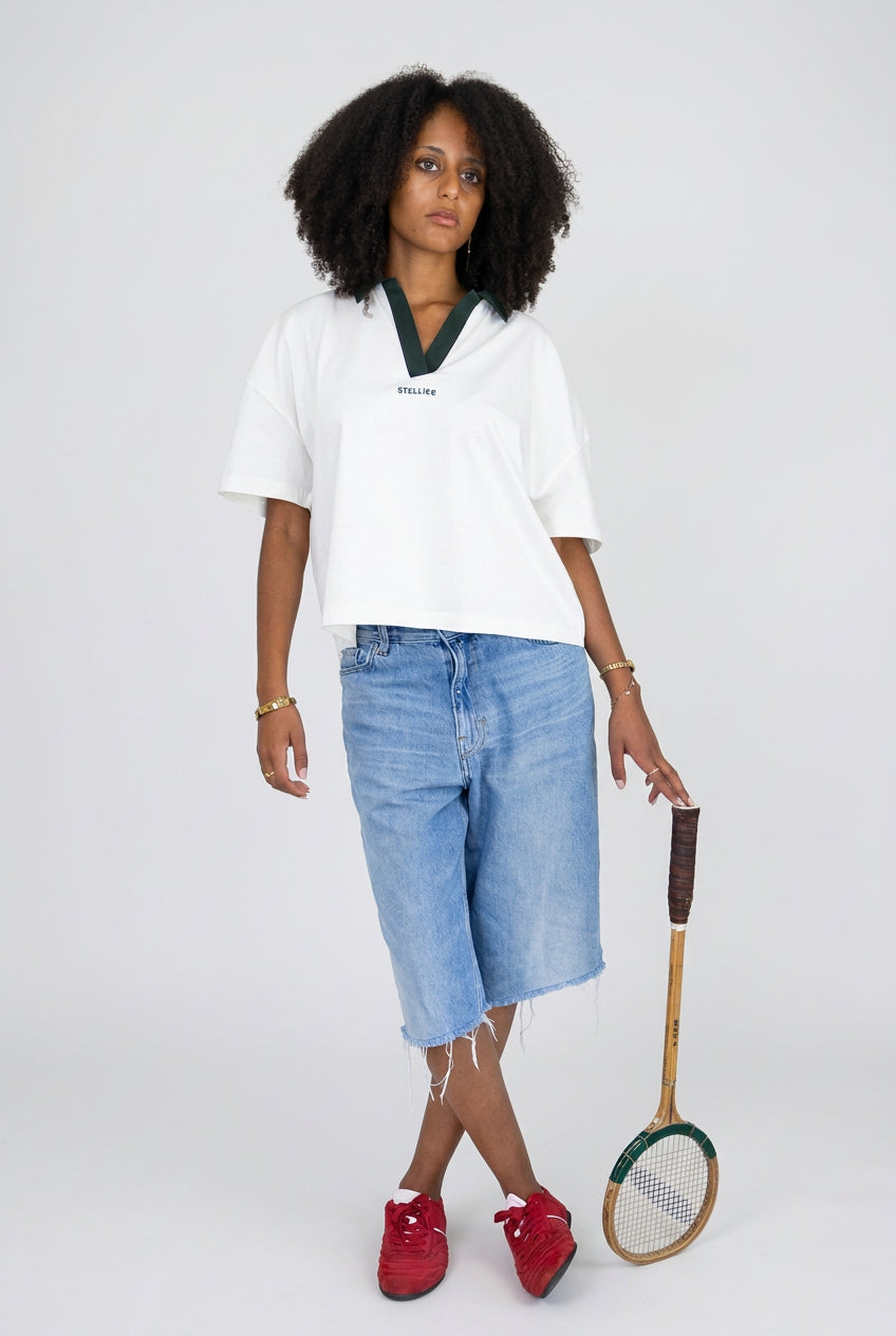 Ladies Polo Boxy Tee in Ivory & Viridian Green