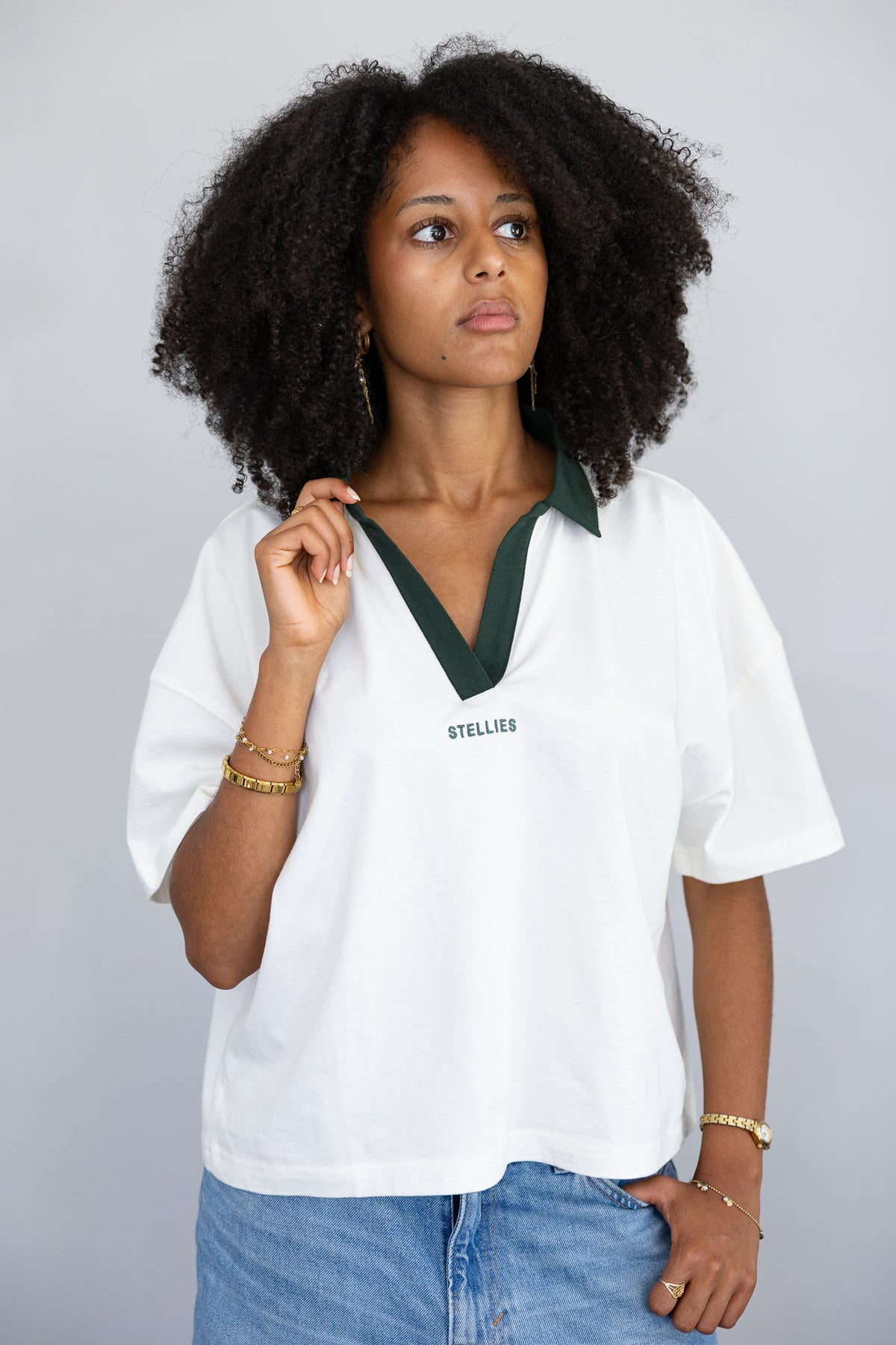 Ladies Polo Boxy Tee in Ivory & Viridian Green