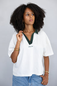 Ladies Polo Boxy Tee in Ivory & Viridian Green