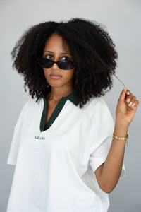 Ladies Polo Boxy Tee in Ivory & Viridian Green
