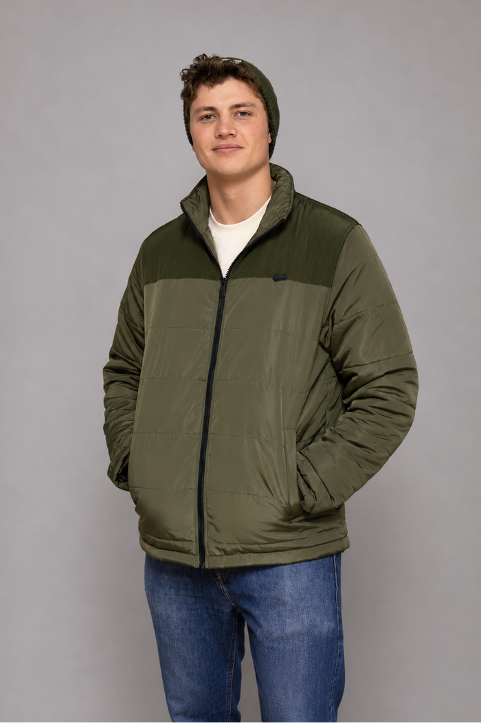 Two-Tone Puffer Jacket in Olive