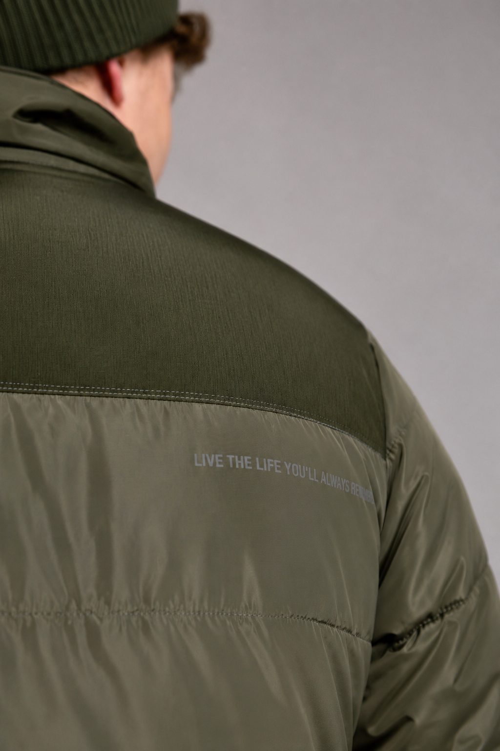 Two-Tone Puffer Jacket in Olive