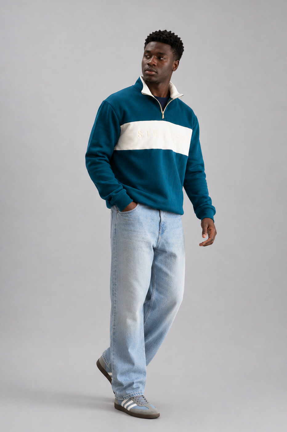 Classic Quarter-zip Pullover in Teal with Warm White