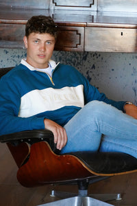 Classic Quarter-zip Pullover in Teal with Warm White