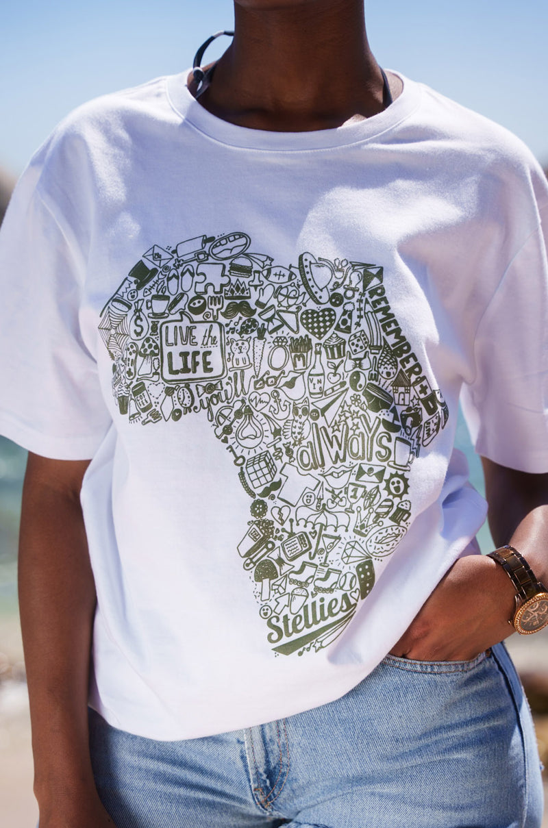 Africa Doodle T-shirt - White/Olive
