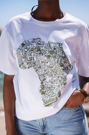 Africa Doodle Tee in White with Olive