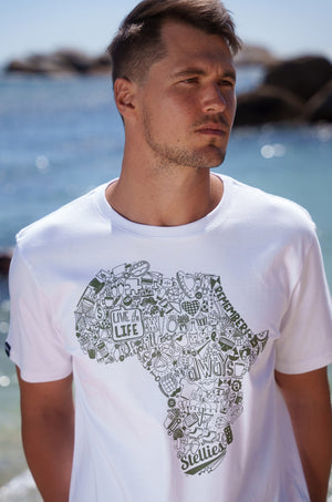 Africa Doodle Tee in White with Olive