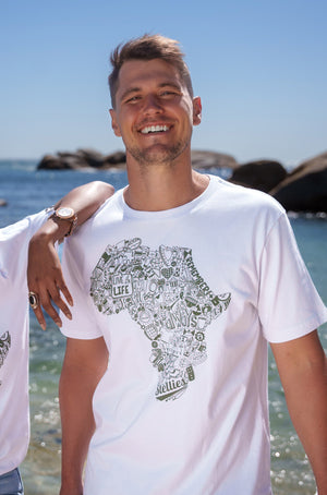 Africa Doodle Tee in White with Olive