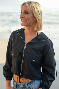 Demi Mid-Crop Zip Hood Jacket in Black