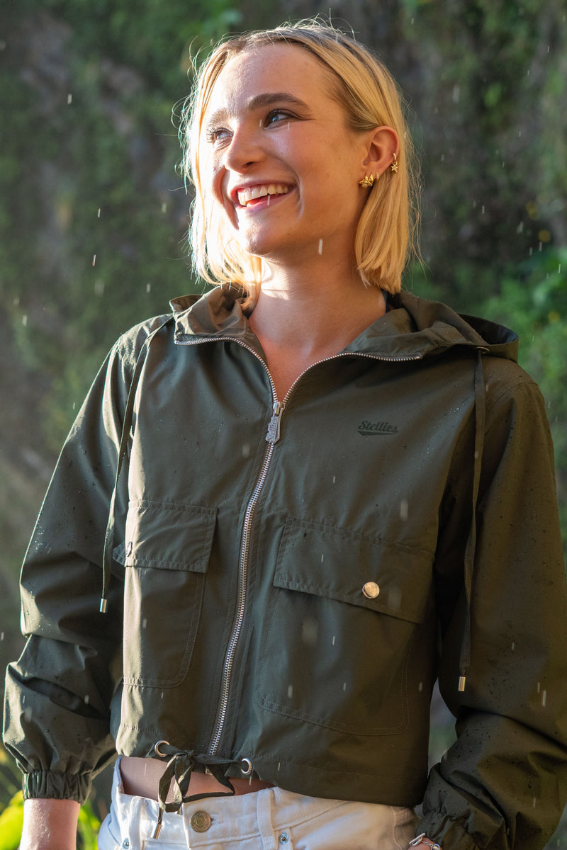 Demi Mid-Crop Zip Hood Jacket in Olive