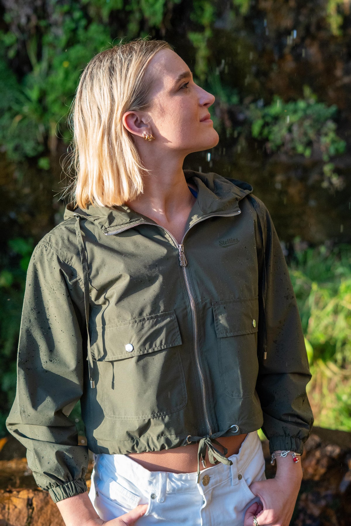 Demi Mid-Crop Zip Hood Jacket in Olive