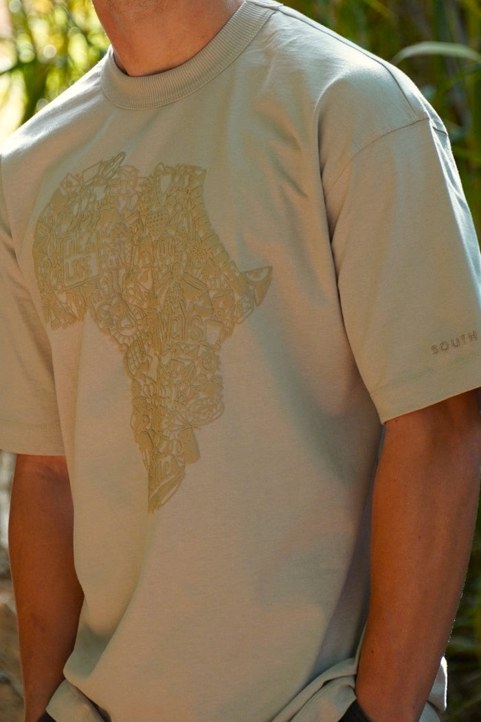 Africa Doodle Relaxed Tee in Taupe