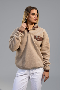 Retro Sherpa Popper Pullover in Taupe