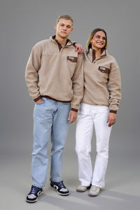 Retro Sherpa Popper Pullover in Taupe