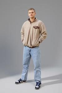 Retro Sherpa Popper Pullover in Taupe