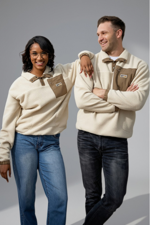 Retro Sherpa Popper Pullover in Créme