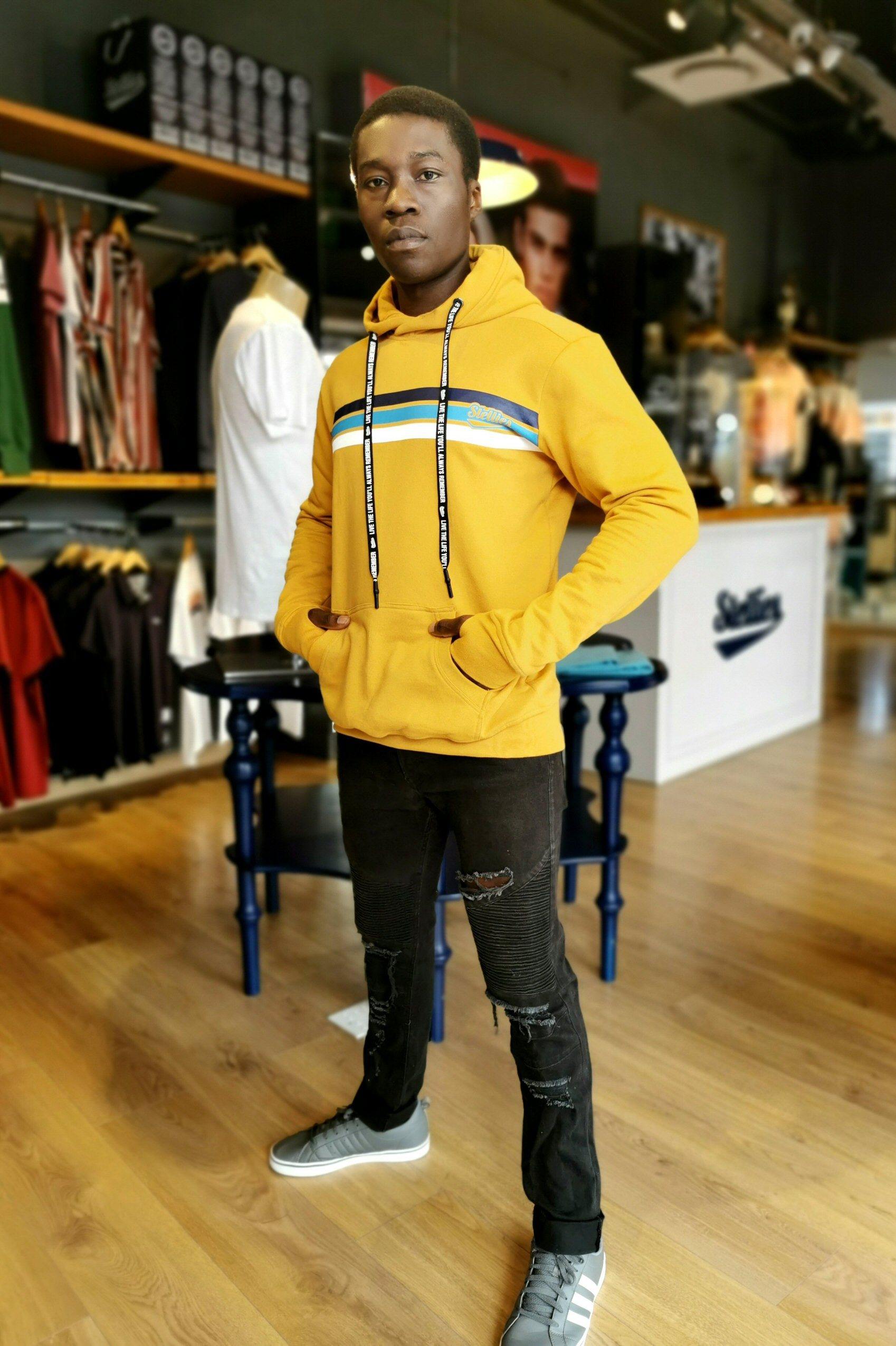 Yellow hoodie outfit on sale men